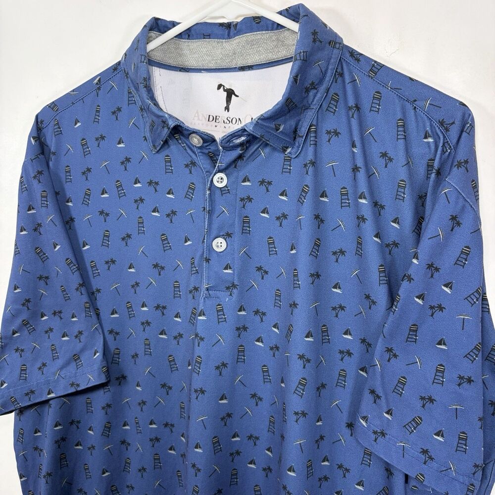 Anderson Ord Golf Polo Shirt Mens Medium Blue Beach Palm Boat AOP Performance